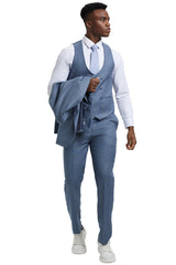 Men's Two Button Vested Stacy Adams Designer Sharkskin Suit in Steel Light Blue