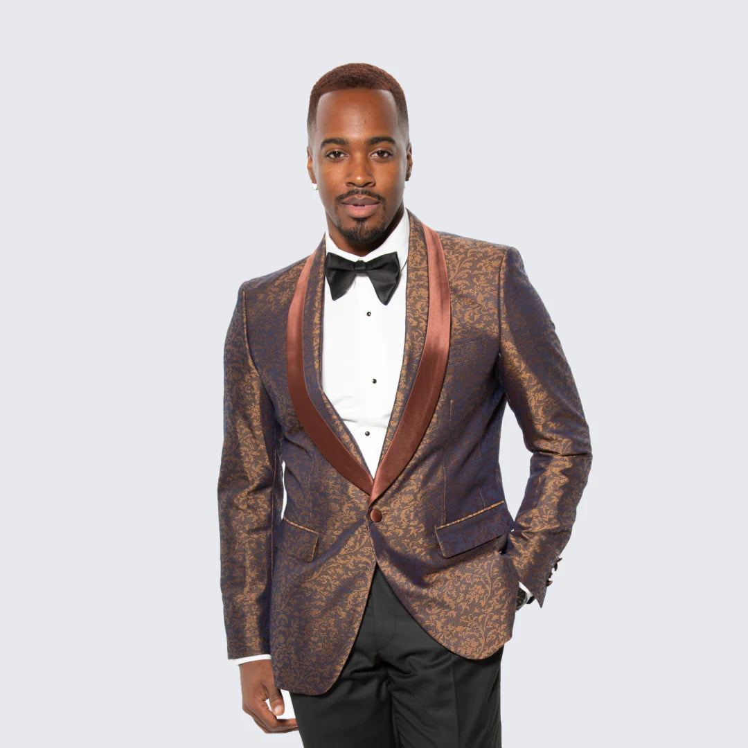 Mens Brown Paisley Tuxedo with Brown Satin Lapel and Pants Formal Wedding Suit
