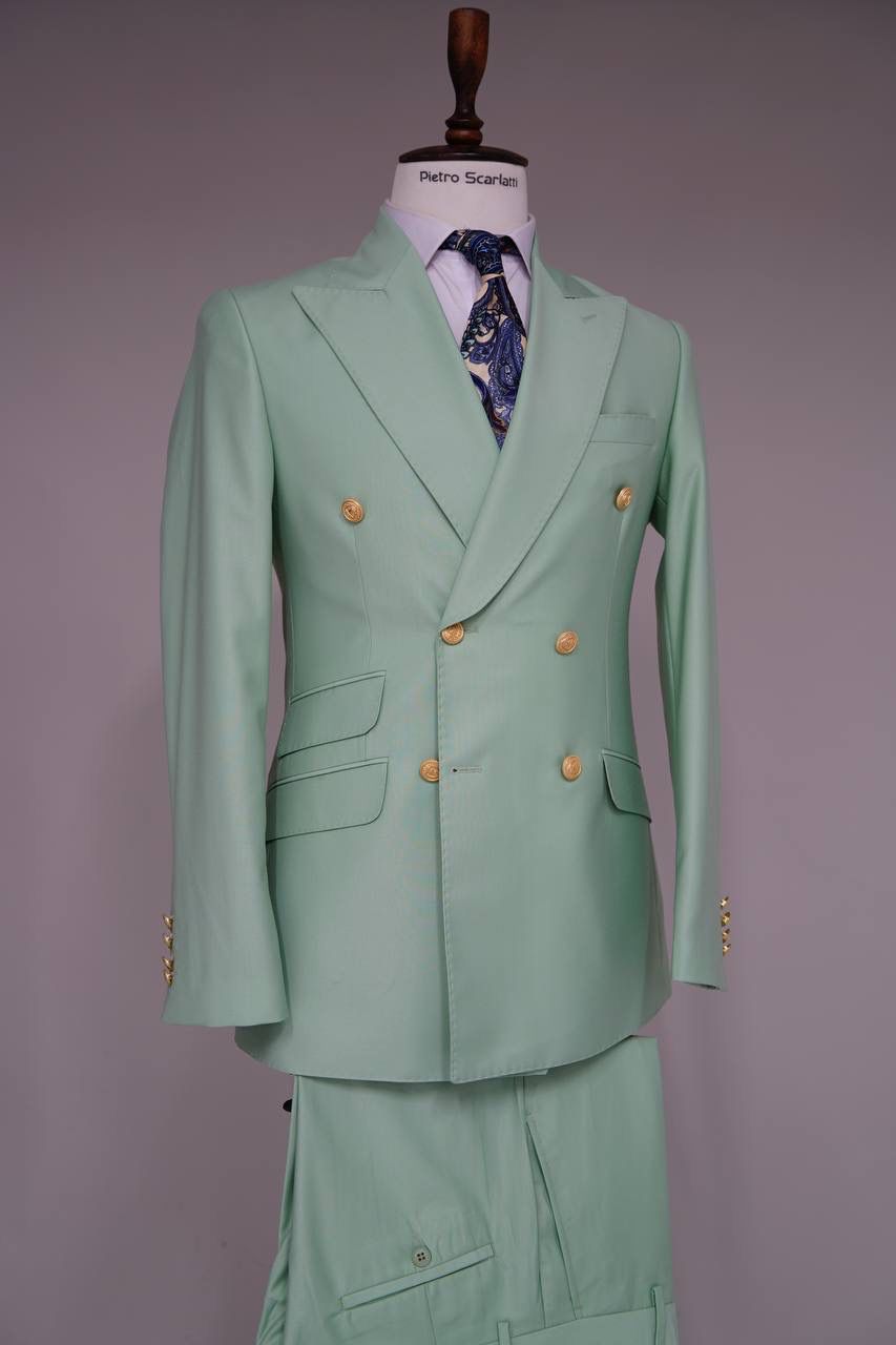 Mens Sage Green Double-Breasted Suit with Gold Buttons – Formal Slim Fit 2-Piece Pistachio Color 3   - from alligatorwarehouse.com