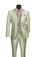 Slim Fit 3 Piece Satin Suit in Light Sage
