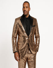 Men's Rose Gold Sequin Tuxedo Suit with Black Satin Lapel ƒ?? Luxury Slim Fit Blazer for Parties and Events