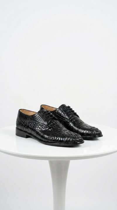 Los Altos Men’s Black Caiman Hornback Plain Toe Shoes, Exotic Lace-Up Formal Dress Shoes