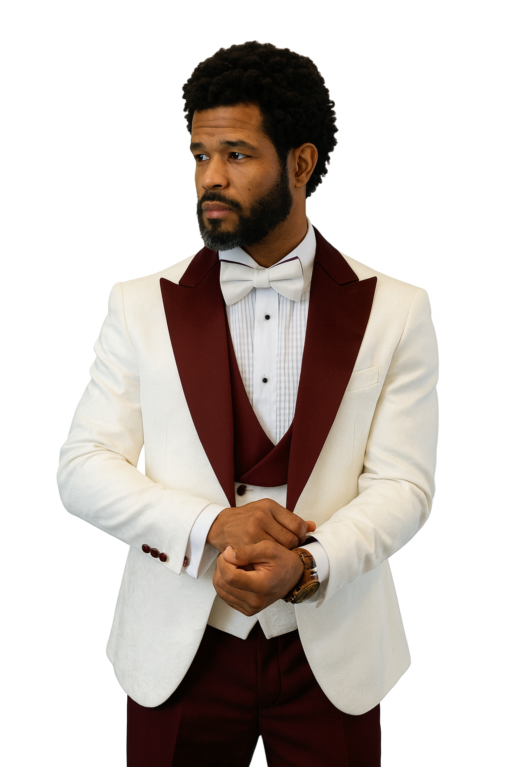 Hilton White and Burgundy Paisley Peak Lapel Tuxedo Jacket with Matching Shawl Vest and Wool Pants – Includes Bow Tie 9   - from alligatorwarehouse.com