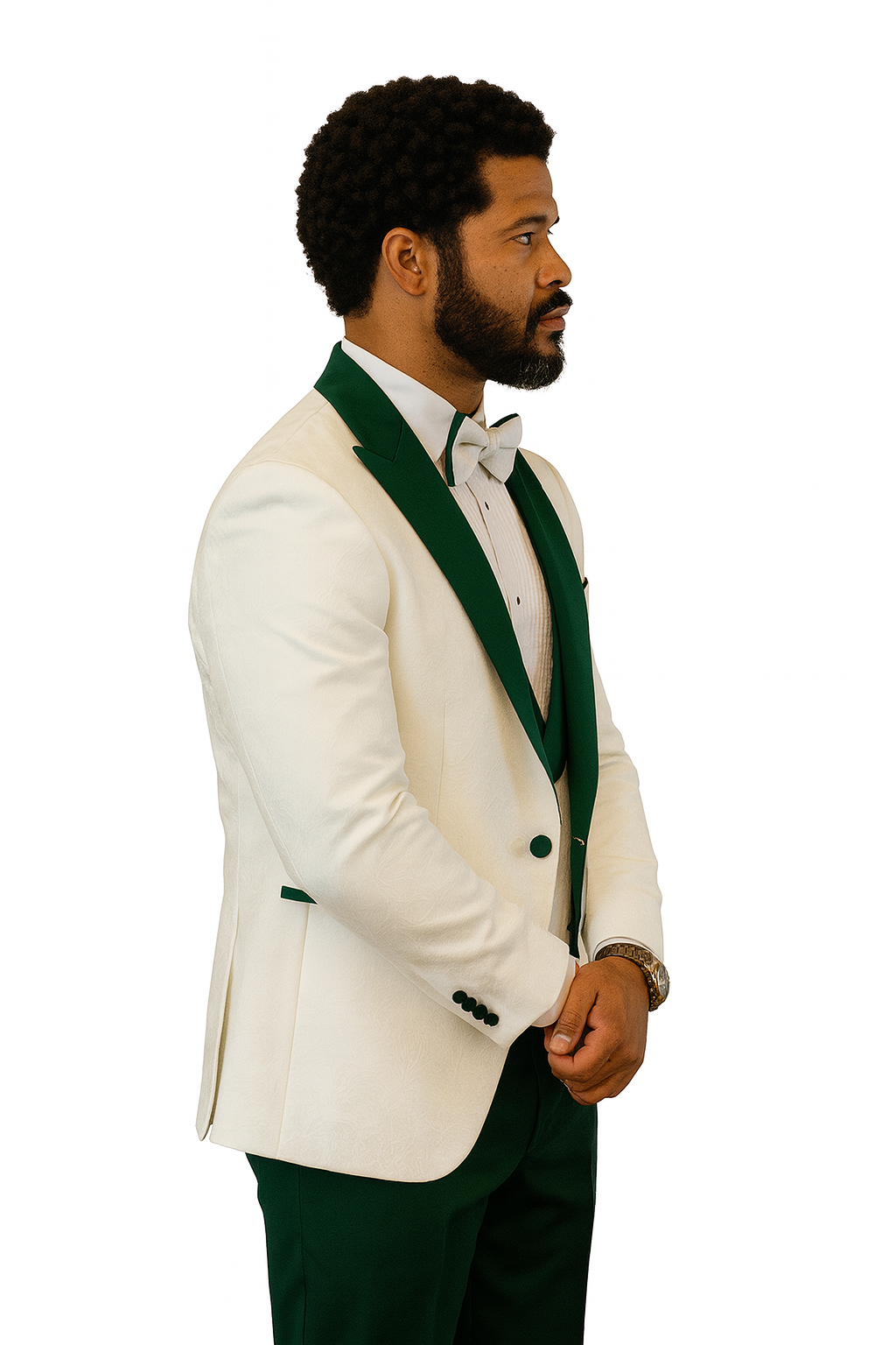 Hilton White and Hunter Green Paisley Peak Lapel Tuxedo Jacket with Matching Shawl Vest and Wool Pants – Includes Bow Tie 8   - from alligatorwarehouse.com