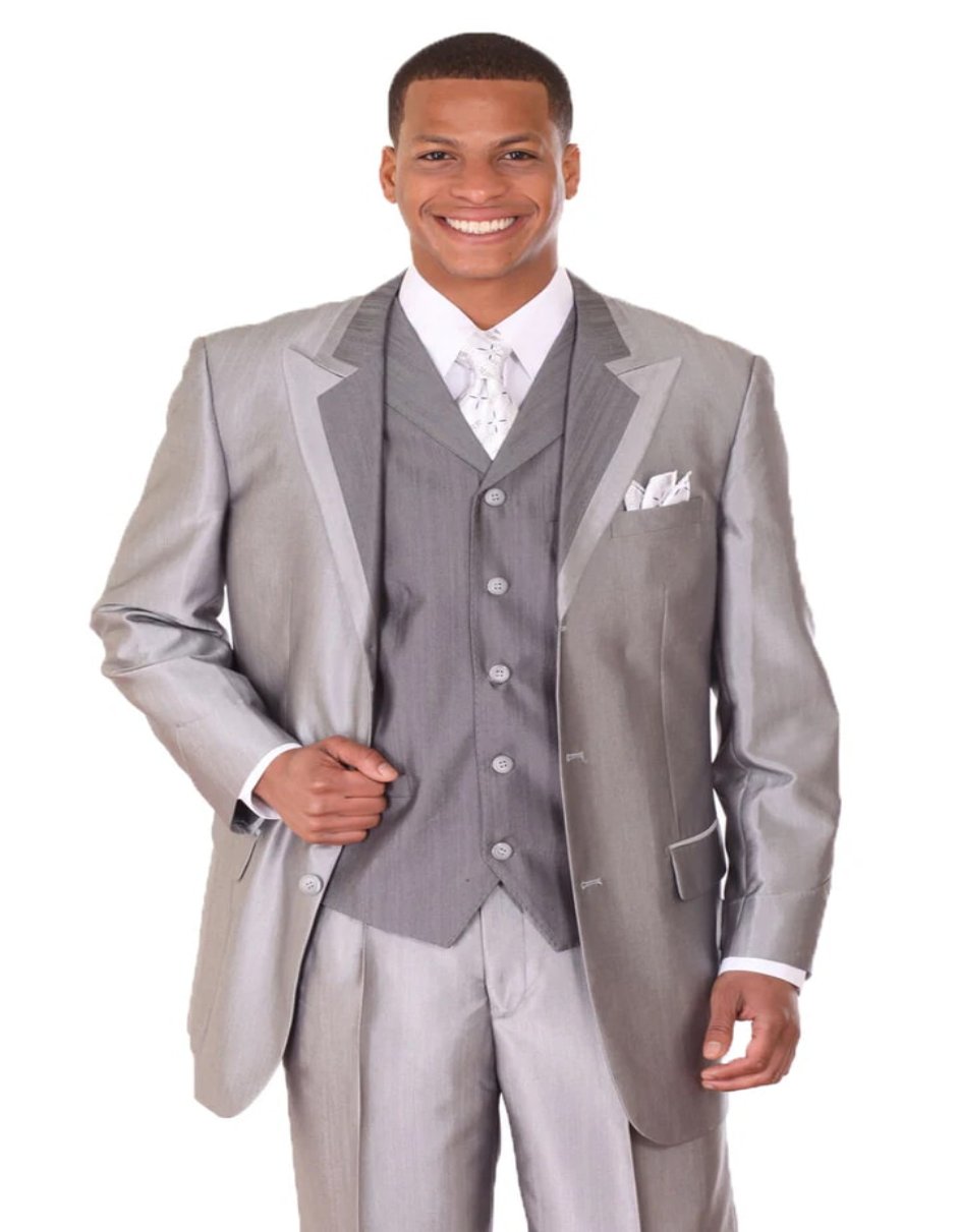 Pleated?ÿDress?ÿMen?ÿSuits - Mens 3 Button Vested Wide Peak Lapel Two Tone Silver Grey Sharkskin Suit