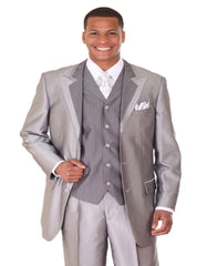 Pleated?ÿDress?ÿMen?ÿSuits - Mens 3 Button Vested Wide Peak Lapel Two Tone Silver Grey Sharkskin Suit