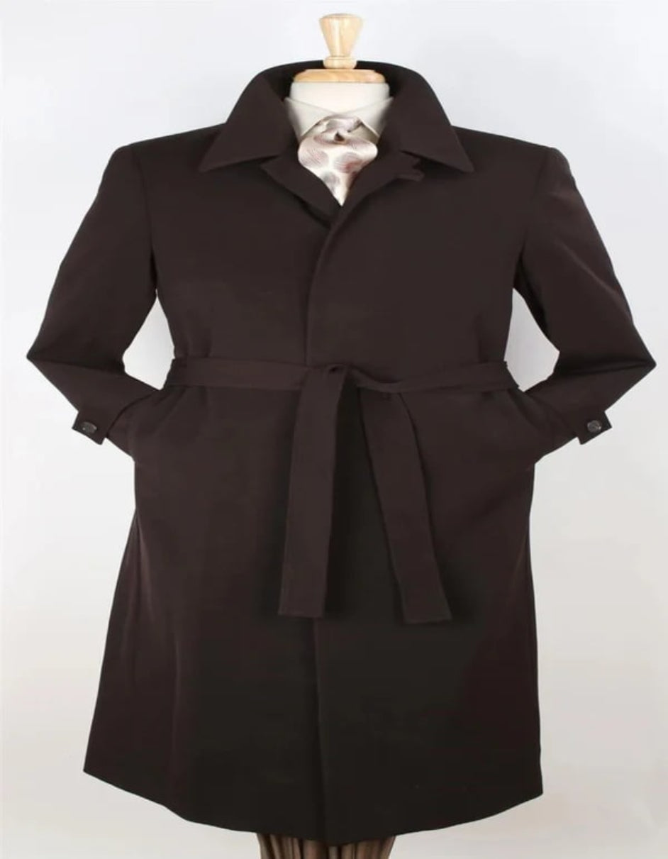 Mens Black Diamond Solid Brown 100% Wool Gabardine Belted Duster Overcoat 1   - from alligatorwarehouse.com
