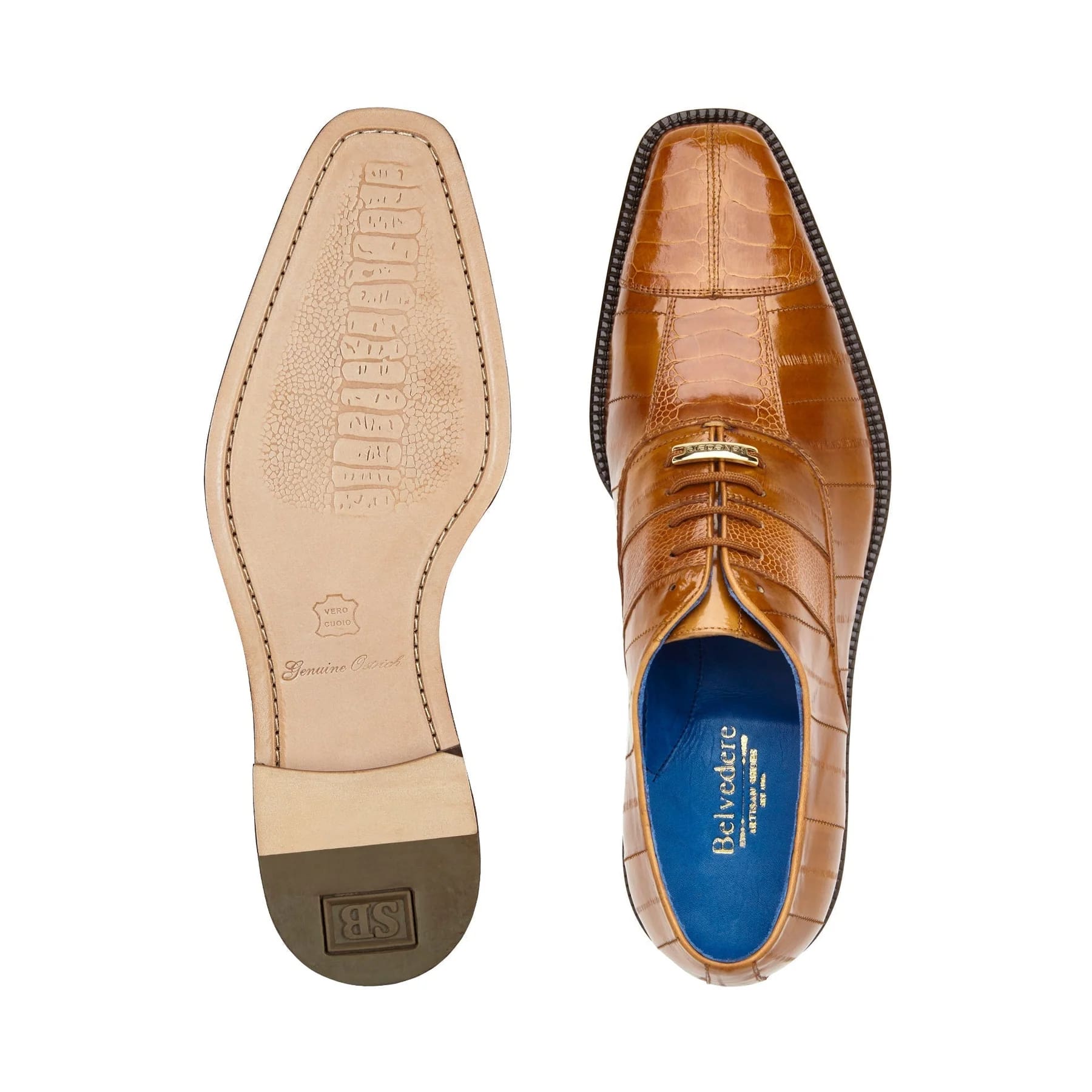 Belvedere Mare Shoes Men's Camel Genuine Ostrich & Eel Split-toe Oxfords 4 MEN 2P7 CAMEL-M-09  - from alligatorwarehouse.com