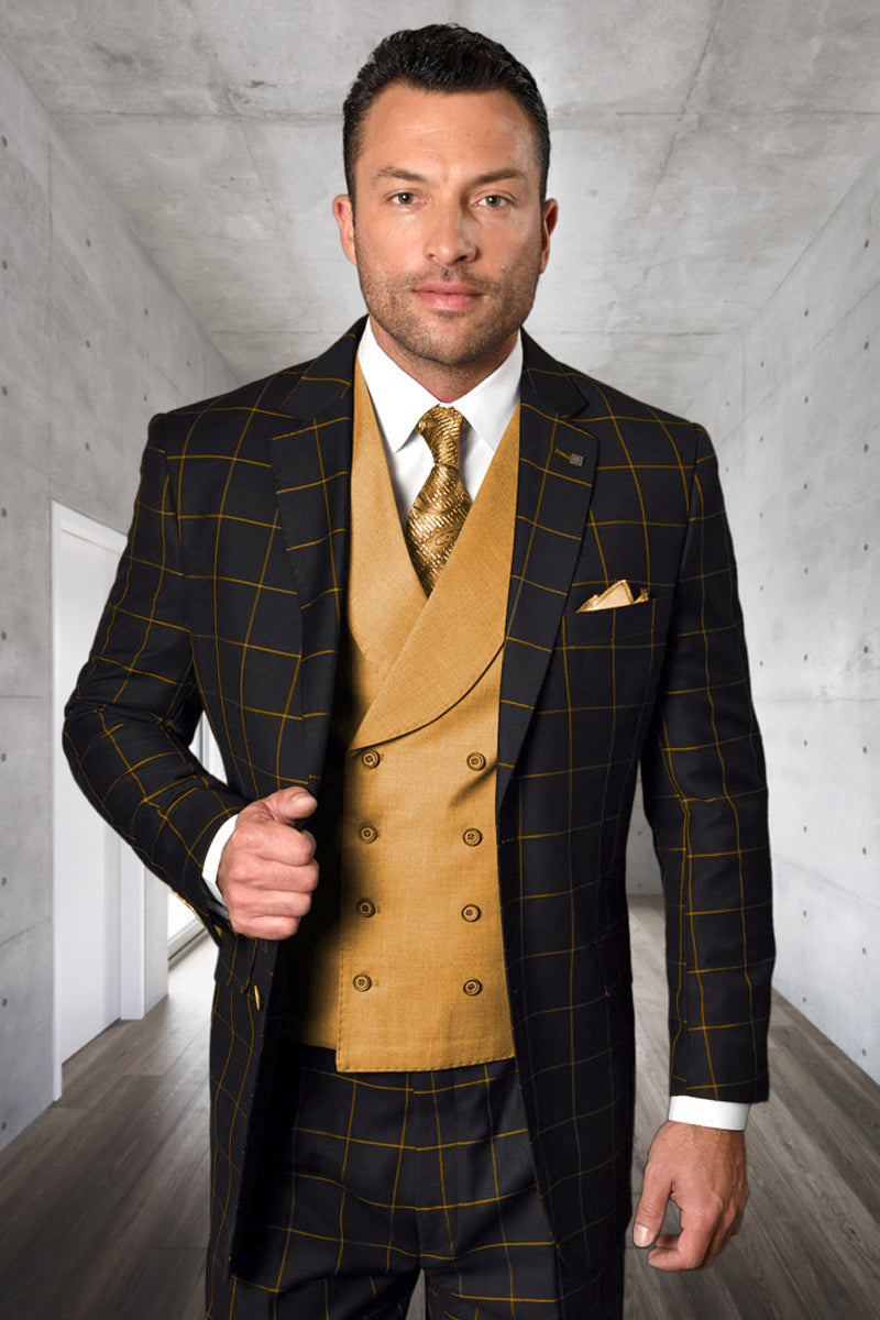 Men's Designer Two Button Vested Wool & Cashmere Suit in Black & Taupe Windowpane Plaid
