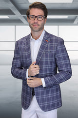 Men's Modern Fit Patch Pocket Designer Wool Summer Blazer in Eggplant Windowpane Plaid