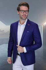 Men's Modern Fit Patch Pocket Designer Wool Summer Blazer in Sapphire Blue Windowpane Plaid