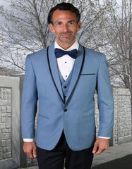Blue Wedding Tuxedo - Men's Designer Vested Satin Trim Shawl Wedding Steel Blue Prom Tuxedo
