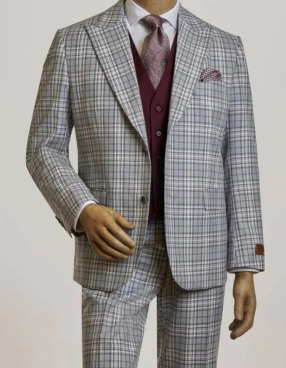 Mens Peak Lapel Modern Fit - No Pleated Pants Designer Brand Gray 3 Piece Vested Suit 1   - from alligatorwarehouse.com