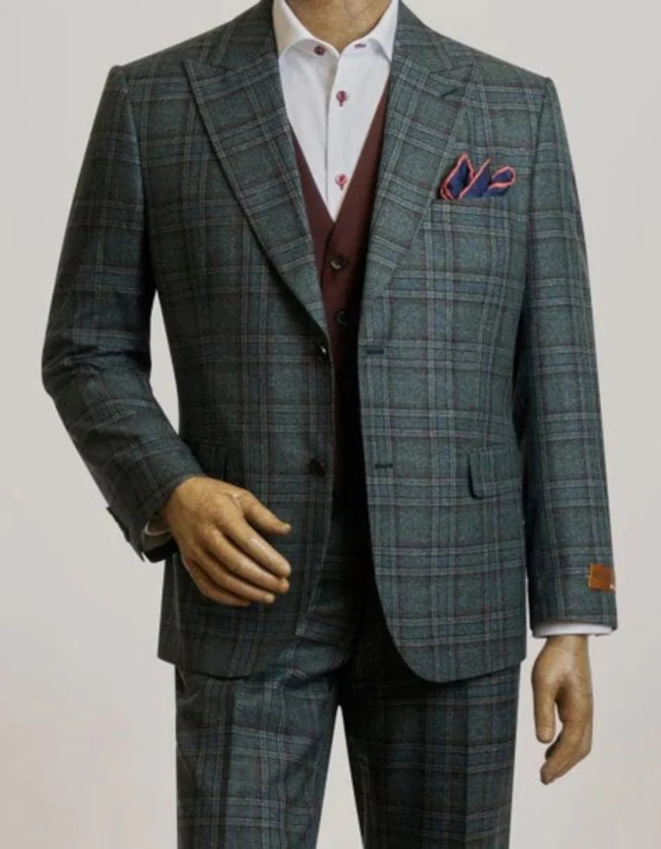 Mens Peak Lapel Modern Fit - No Pleated Pants Designer Brand Green Peak Lapel 3 Piece Vested Suit