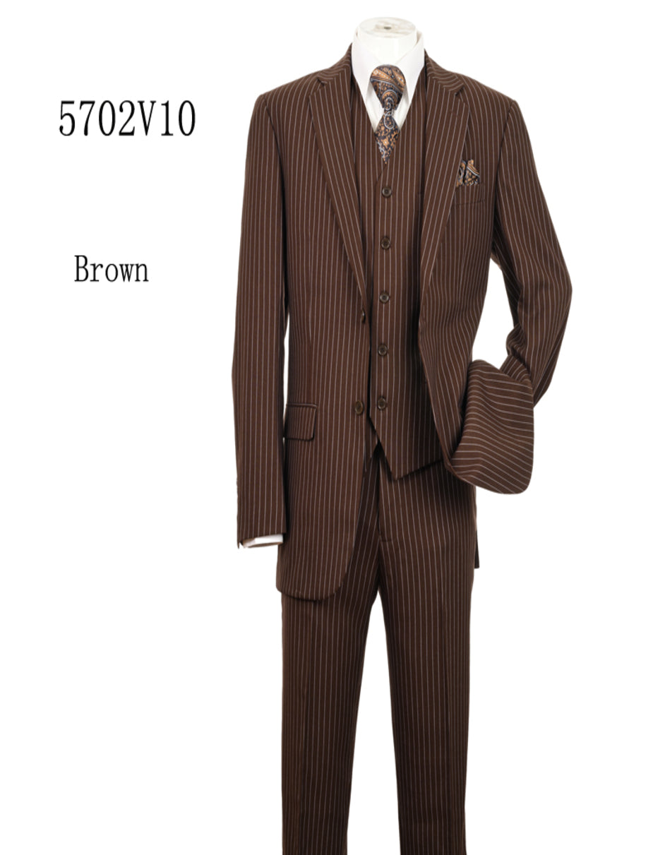 Men's Brown Pinstripe 3-Piece Suit with Matching Vest ƒ?? Classic Fit Business and Formal Attire