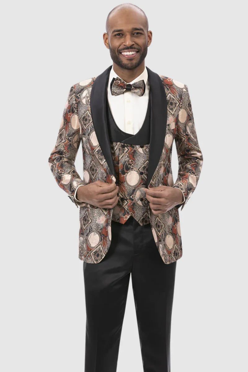 Men's Rust Geometric Pattern Tuxedo with Vest & Bowtie – One Button Formal Suit 5   - from alligatorwarehouse.com