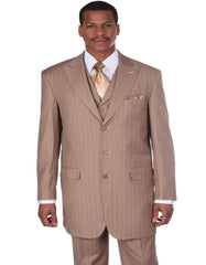 Pleated?ÿDress?ÿMen?ÿSuits - Mens Vintage Vested Gangster Bold Pinstripe Tan Fashion Suit