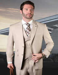 Pleated?ÿDress?ÿMen?ÿSuits - Men's Designer Classic Fit Pleated Pant Wool Double Breasted Tan Suit