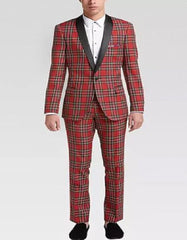 Mens Plaid Suit Tartan Red and Black Pattern Fully Lined One Button Suit