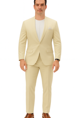 Mens Two Piece Linen Suit Relaxed Hybrid Fit No Collar