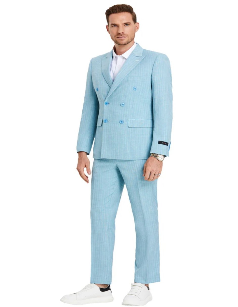Mens Slim Fit Double Breasted Summer Teal Blue Pinstripe Pastel Suit