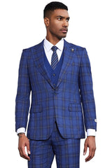 Men's Stacy Adams Bold Windowpane Plaid Print Vested Suit in Midnight Blue