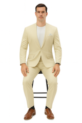 Mens Two Piece Linen Suit Relaxed Hybrid Fit No Collar