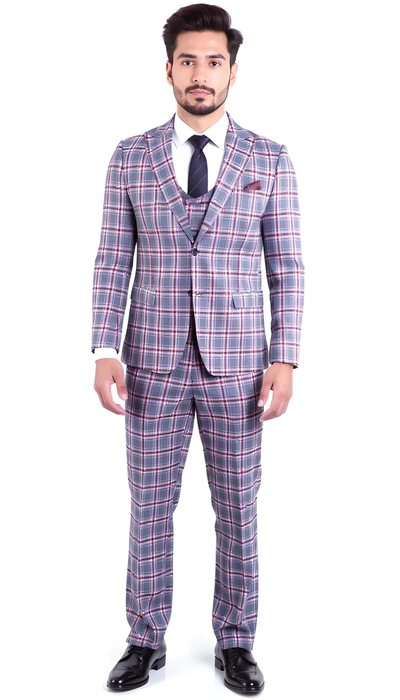Stylish Grey and Red Checkered Suit for Men – Slim Fit 3 Piece Formal Outfit