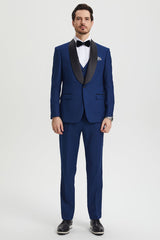 Men's Stacy Adams Vested One Button Shawl Lapel Designer Tuxedo in Indigo Blue