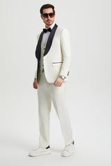 Men's Stacy Adams Vested One Button Shawl Lapel Designer Tuxedo in Ivory