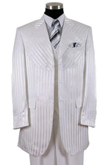 White Wedding Suit For Men - Perfect For Groom - Mens 4 Button Semi Wide Leg Shiny Tonal Stripe Fashion Suit In White