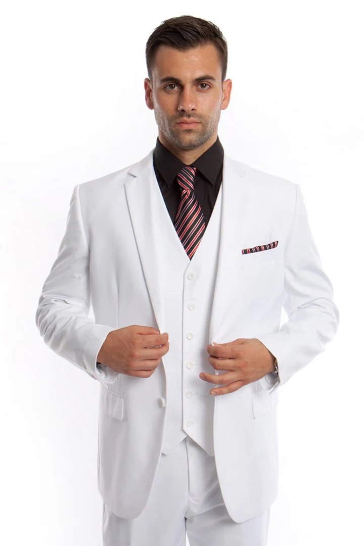 White Wedding Suit For Men - Perfect For Groom - Men's Vested Two Button Solid Color Wedding & Business Suit In White