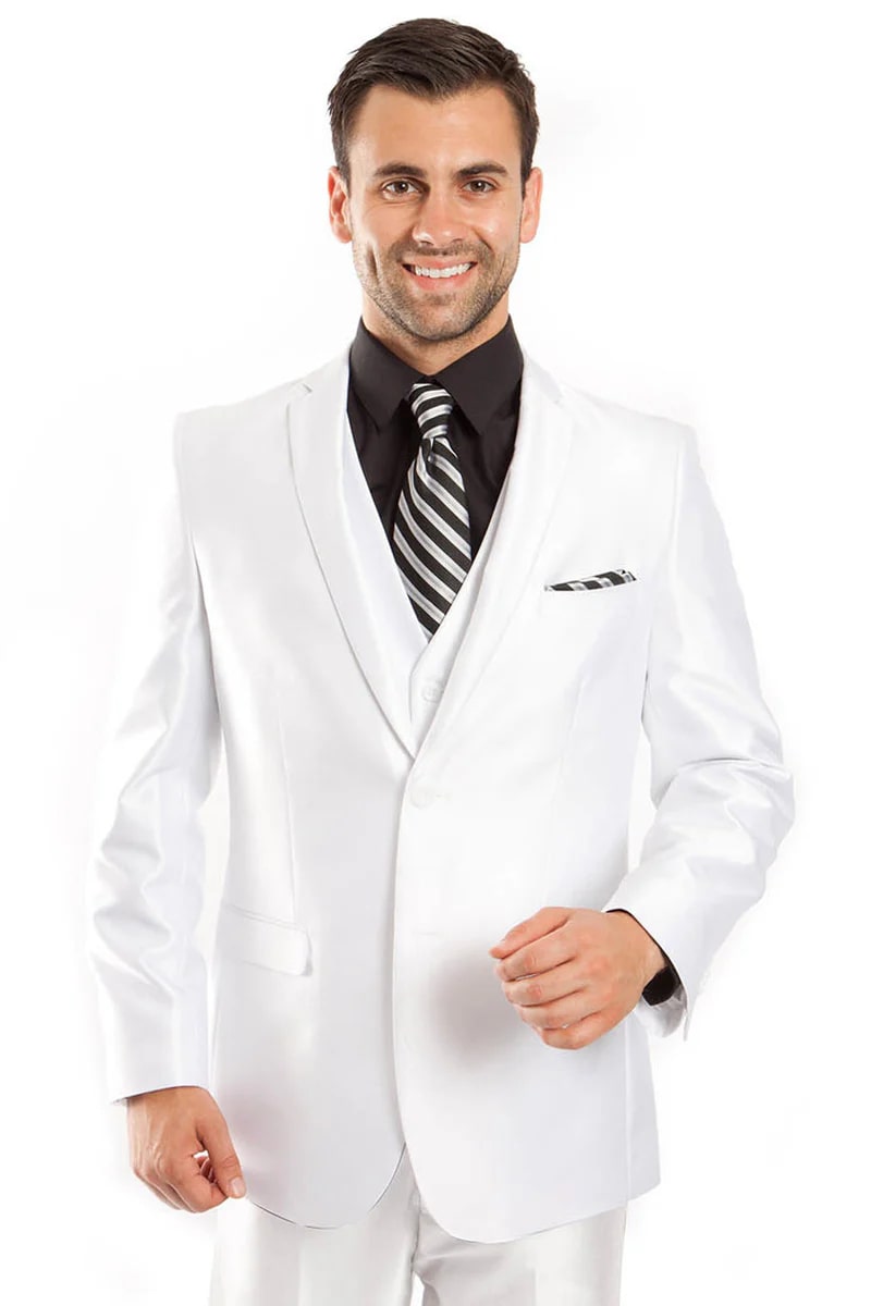 Men's Two Button Vested Shiny Sharkskin Wedding Prom Fashion Suit in White
