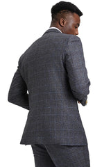 Men's Stacy Adams Peak Lapel Suit with Double Breasted Vest in Charcoal Grey Windowpane Plaid