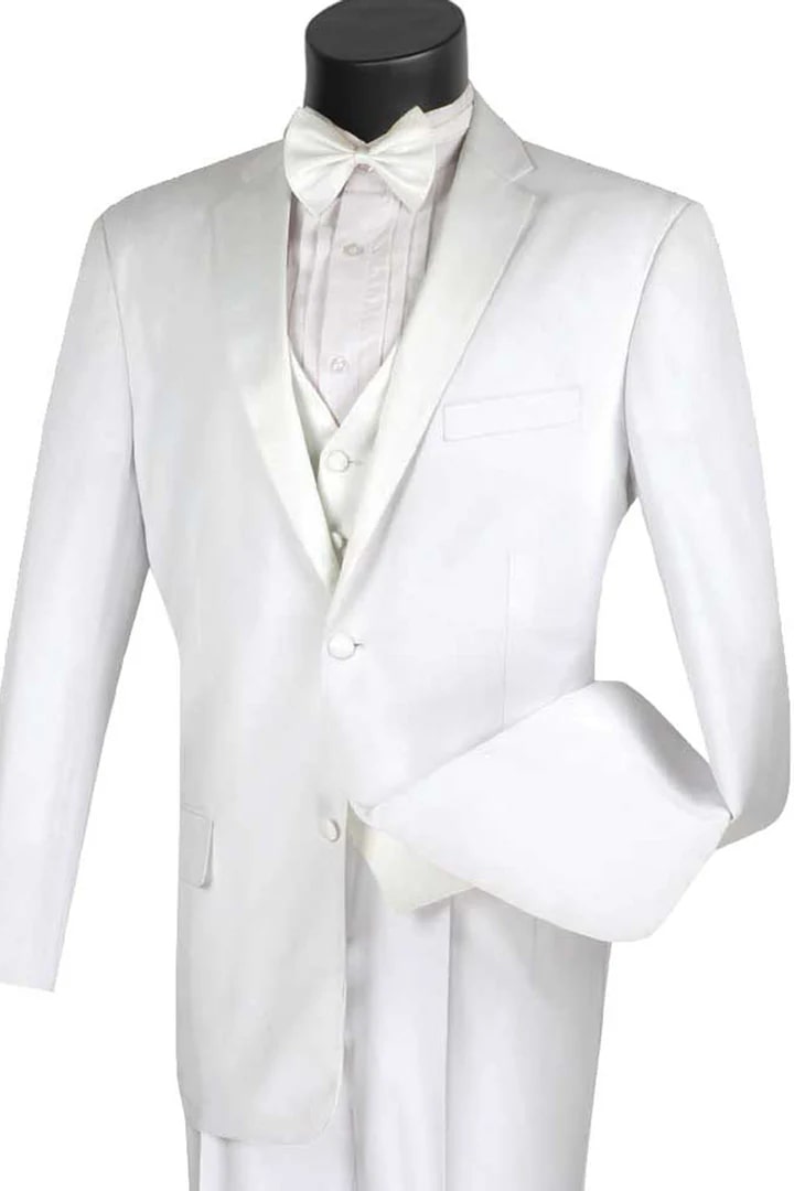 All White Mens Tuxedo - Wedding Suit - Mens 2 Button Vested Classic Tuxedo In White