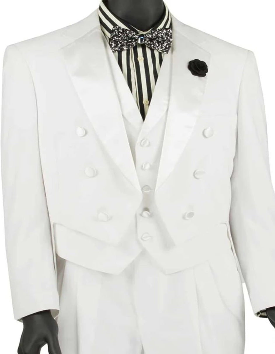 All White Mens Tuxedo - Wedding Suit - Mens Classic Vested Tail Wedding Tuxedo In White