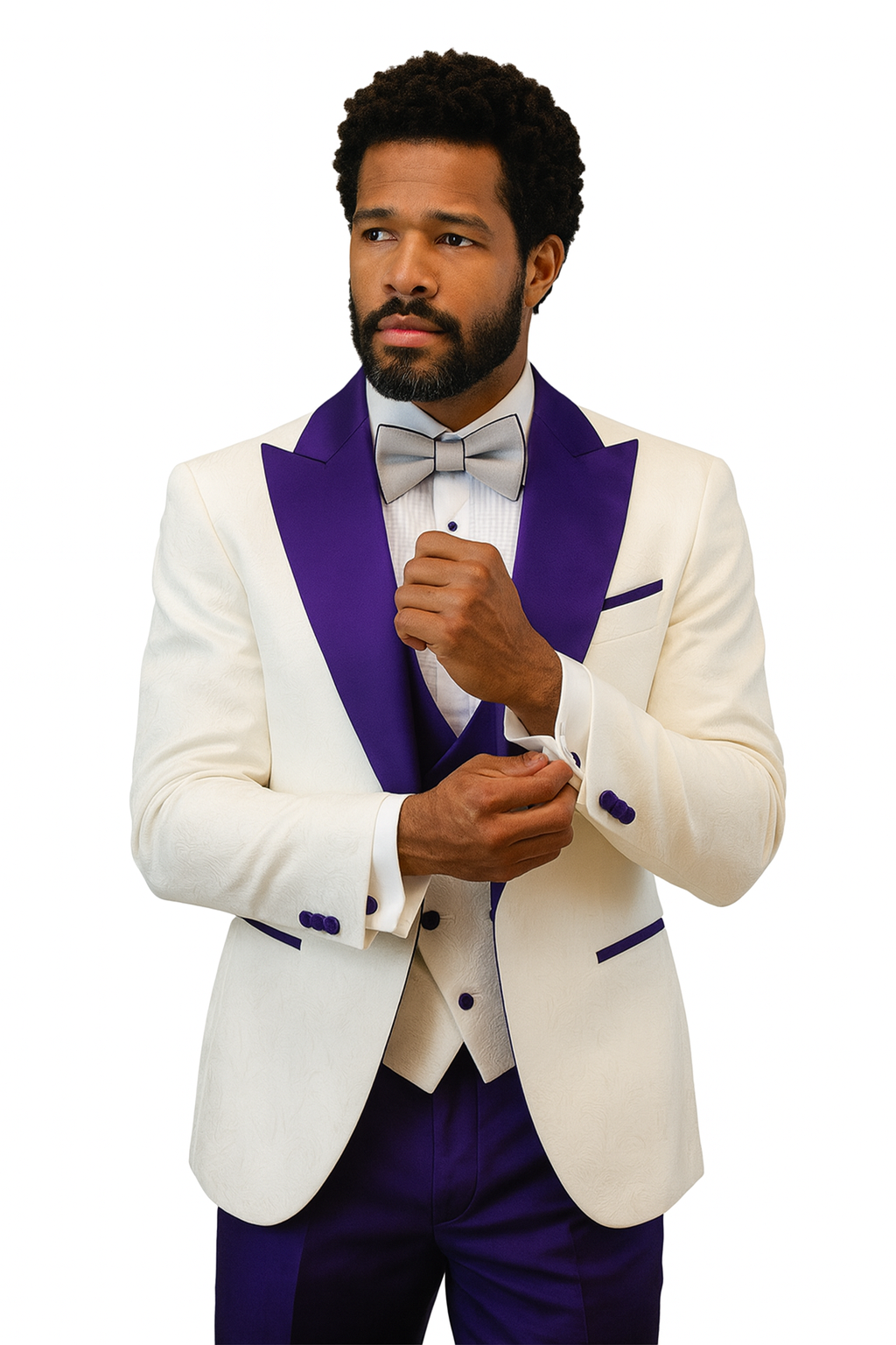 Hilton White and Purple Paisley Peak Lapel Tuxedo Jacket with Matching Shawl Vest and Wool Pants – Includes Bow Tie 2   - from alligatorwarehouse.com