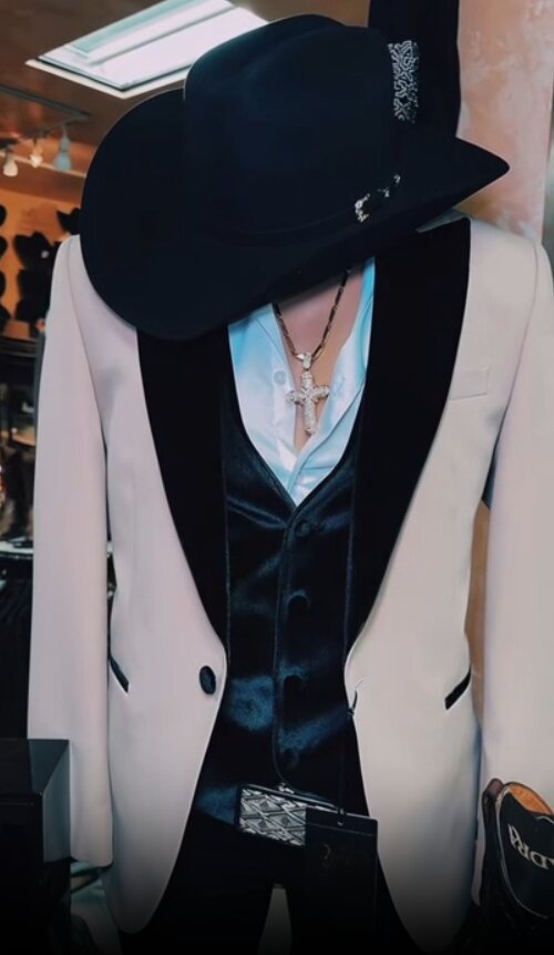 Mens Western Tuxedo Suit – Cream Cowboy Blazer with Black Velvet Vest and Satin Shawl Lapel