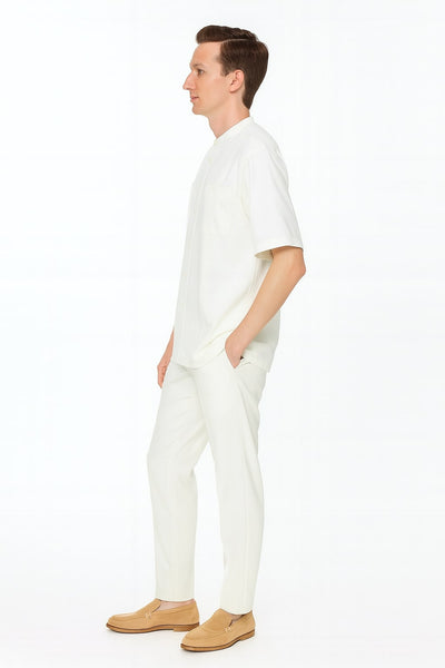 Mens White Banded Collar Two-Piece Set – Short Sleeve Shirt and Pants Banded Collar Linen Fabric