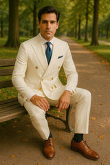Mens White Double-Breasted Suit with Gold Buttons ƒ?? Formal Slim Fit 2-Piece Set