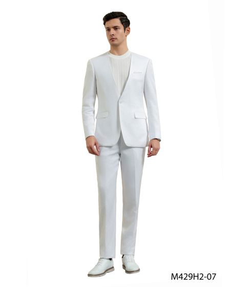 White Linen Suit For Summer - Collarless Blazer and Pants Collarless Lapel - No Lapel Casual!