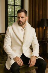 Mens White Wool Overcoat with Plush Faux Fur Shawl Collar – Alberto Nardoni Formal Winter Coat