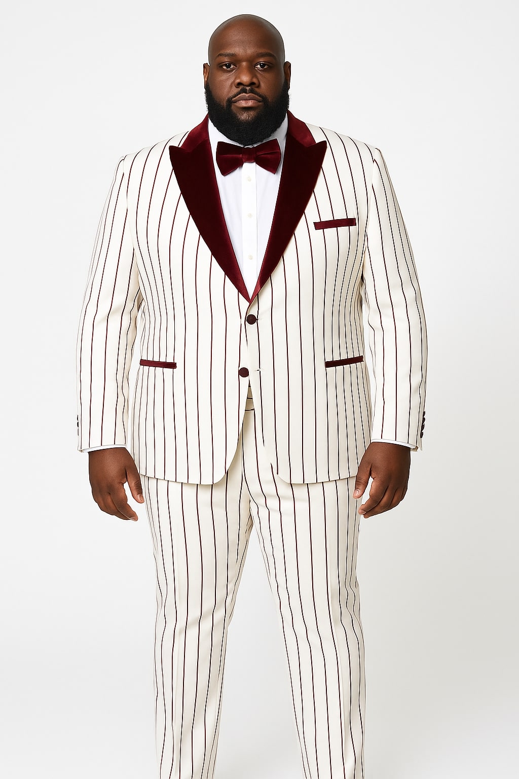 Mens White and Burgundy Pinstripe Tuxedo with Velvet Shawl Lapel and Matching Bow Tie 4   - from alligatorwarehouse.com