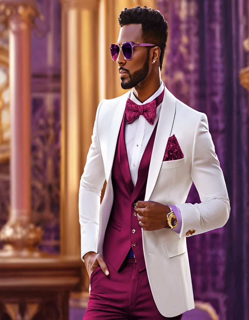 White and Burgundy Tuxedo Wedding Suit - White Dinner Jacket + Vest + Pants + Bow-tie 1   - from alligatorwarehouse.com