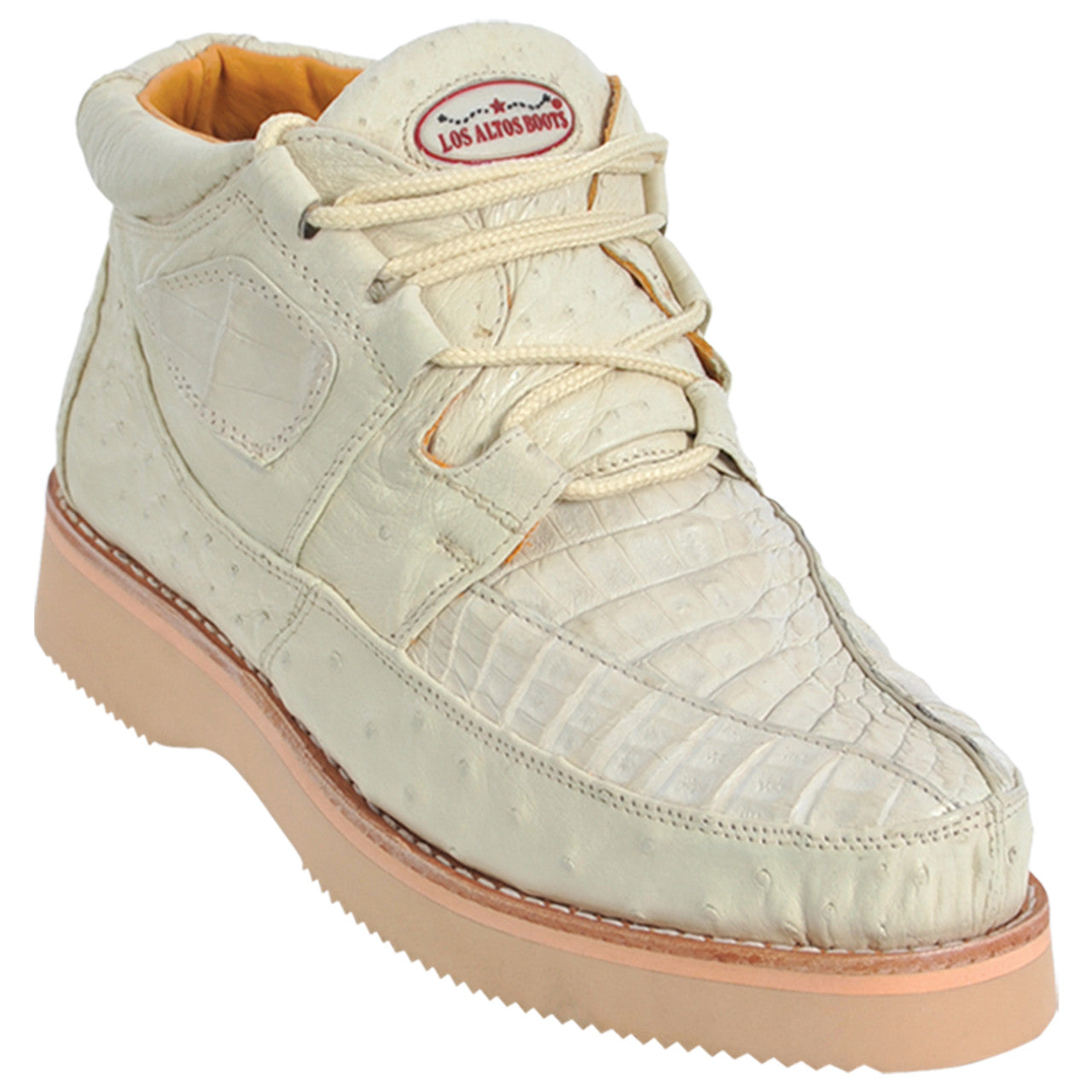 Los Altos Casual Winter White Caiman & Ostrich Skin Sneakers 1   - from alligatorwarehouse.com