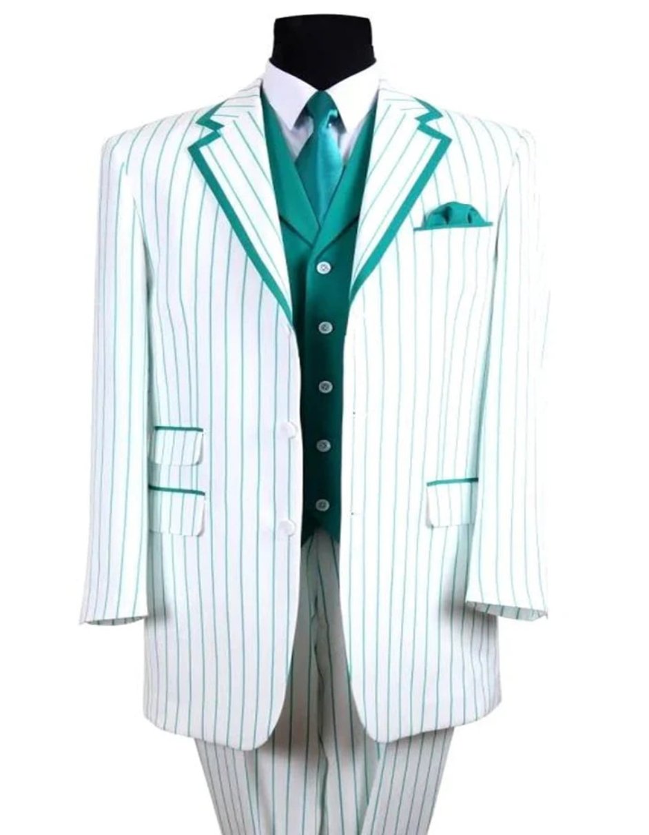 Pleated?ÿDress?ÿMen?ÿSuits - Mens 3 Button Vested Barbershop Quartet White with Turquoise Pinstripes Suit