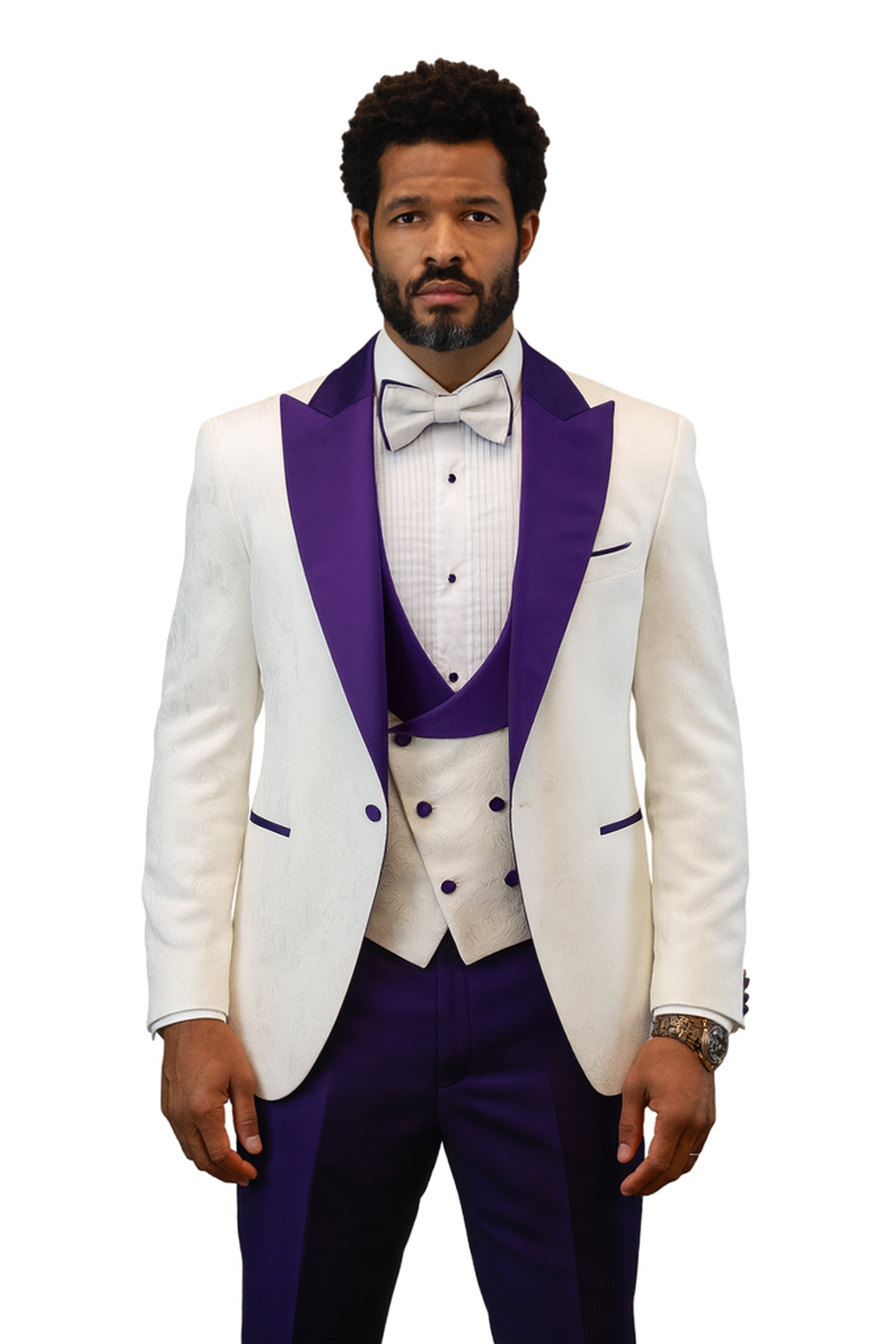 Hilton White and Purple Paisley Peak Lapel Tuxedo Jacket with Matching Shawl Vest and Wool Pants – Includes Bow Tie 1   - from alligatorwarehouse.com
