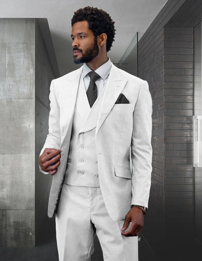 Ivory and Gold Button Wedding Suit - Off White Cream Peak Lapel with Double breasted Vest