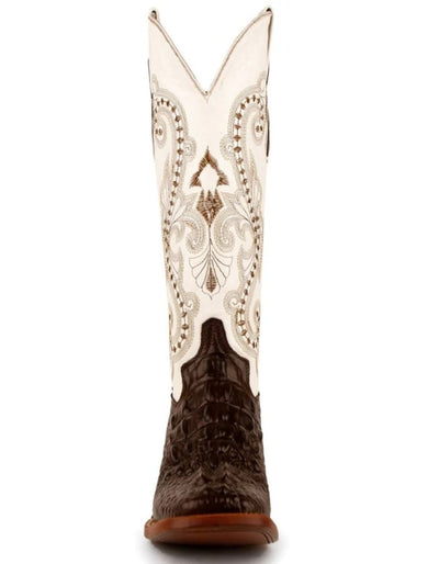 Ferrini Women's Rancher Square Toe Boots Crocodile Print - Chocolate and White 4 90493-09-075-B  - from alligatorwarehouse.com