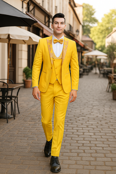 Radiant Golden Bloom Mens 3-Piece Suit with Floral Peak Lapel